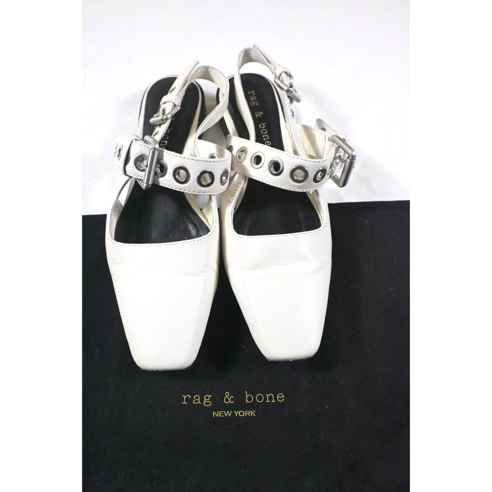 Rag & Bone Antique White Moto Astra Slingback Flats Grommet Buckle Sz 37.5 US 7.